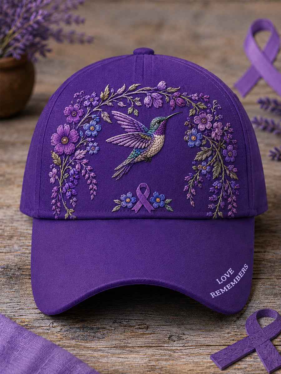 Unisex Purple Floral & Hummingbird Print Alzheimer's Awareness Support Hat