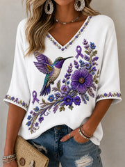 Women's Purple Floral & Hummingbird Print Alzheimer's Awareness Support V-Neck Tee gracestitchs