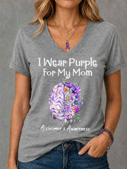 Women's I Wear Purple For My Mom Floral Print Alzheimer's Awareness Support V-Neck Tee