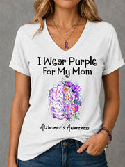 Women's I Wear Purple For My Mom Floral Print Alzheimer's Awareness Support V-Neck Tee gracestitchs