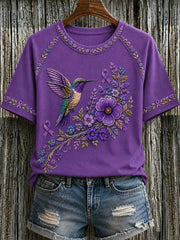Women's Purple Floral & Hummingbird Print Alzheimer's Awareness Support Tee