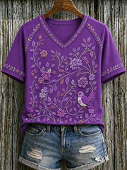 Women's Purple Floral & Hummingbird Print Alzheimer's Awareness Support V-Neck Tee