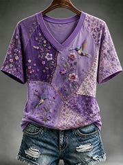 Women's Hummingbird and floral print short-sleeved T-shirt gracestitchs