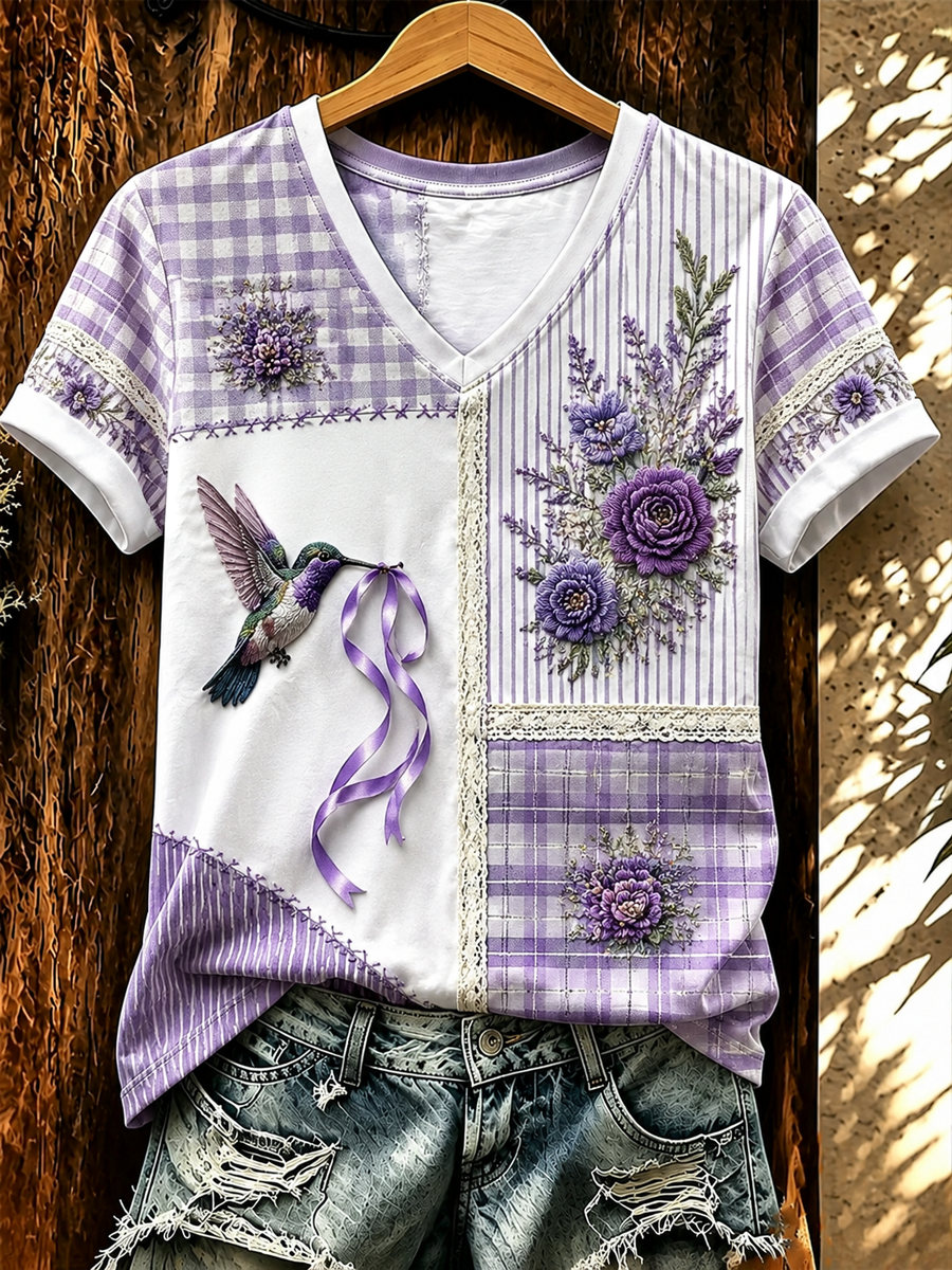 Women's Hummingbird and floral print short-sleeved T-shirt gracestitchs
