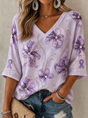 Women's Alzheimer's Awareness Support Purple Floral Art Linen V-Neck Shirt