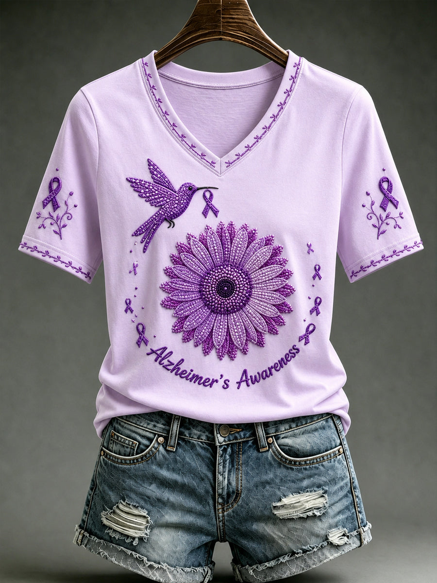 Women's Alzheimer's Awareness Support Purple Floral Purple Floral & Hummingbird Art Short Sleeve V-Neck Shirt gracestitchs