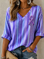 Women's Alzheimer's Awareness Support Purple Floral Art Linen V-Neck Shirt