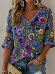 Women's Alzheimer's Awareness Support Purple Floral Art Mid-length Sleeves V-Neck T-Shirt