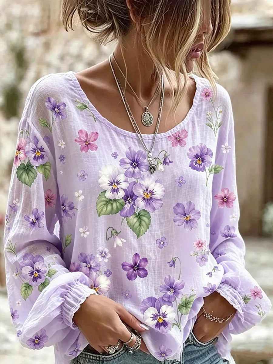 Women's Alzheimer's Awareness Support Purple Floral Art Cotton-Linen Shirt