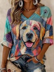 Women's Art Dog Printed Mid-length Sleeves V-neck T-shirt