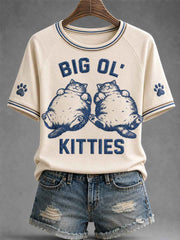 Women's Funny Cute Fat Cat Print Gift For Cat Lovers Casual Tee