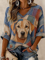 Women's Art Dog Printed Mid-length Sleeves V-neck T-shirt