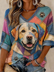 Women's Art Dog Printed Mid-length Sleeves V-neck T-shirt