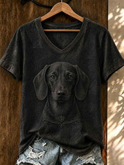 Women's Art Dog Printed V-neck T-shirt