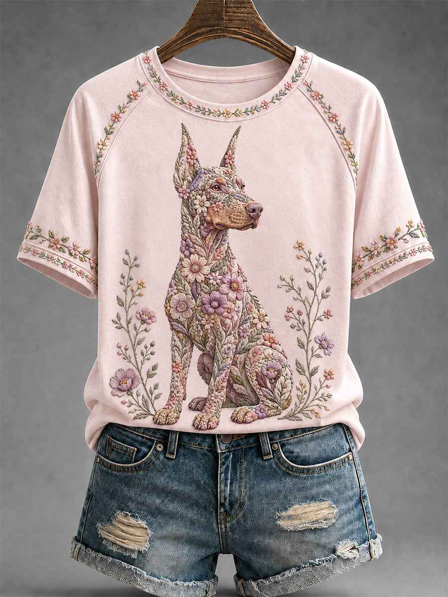Women's Floral Dog Print Casual Tee