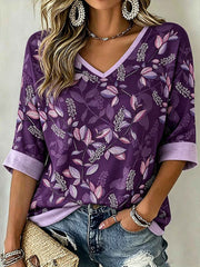 Women's Purple Plant Flower Pattern Printed Casual Mid-length Sleeves V-Neck T-Shirt