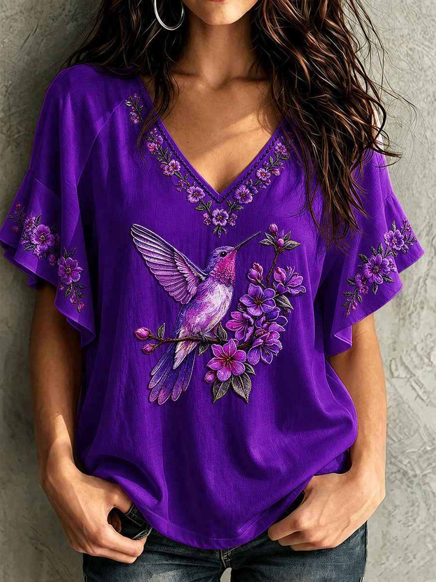 Women's Alzheimer's Awareness Hummingbird Flowers Hang Shot Short Sleeve T-Shirt