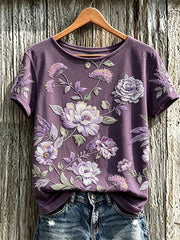 Women's Purple Plant Flower Pattern Printed Casual Short-Sleeved T-shirt