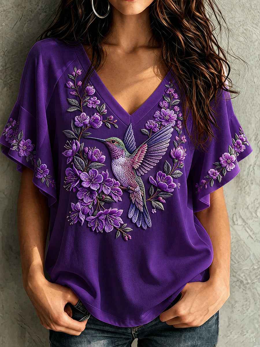 Women's Alzheimer's Awareness Hummingbird Flowers Hang Shot Short Sleeve T-Shirt