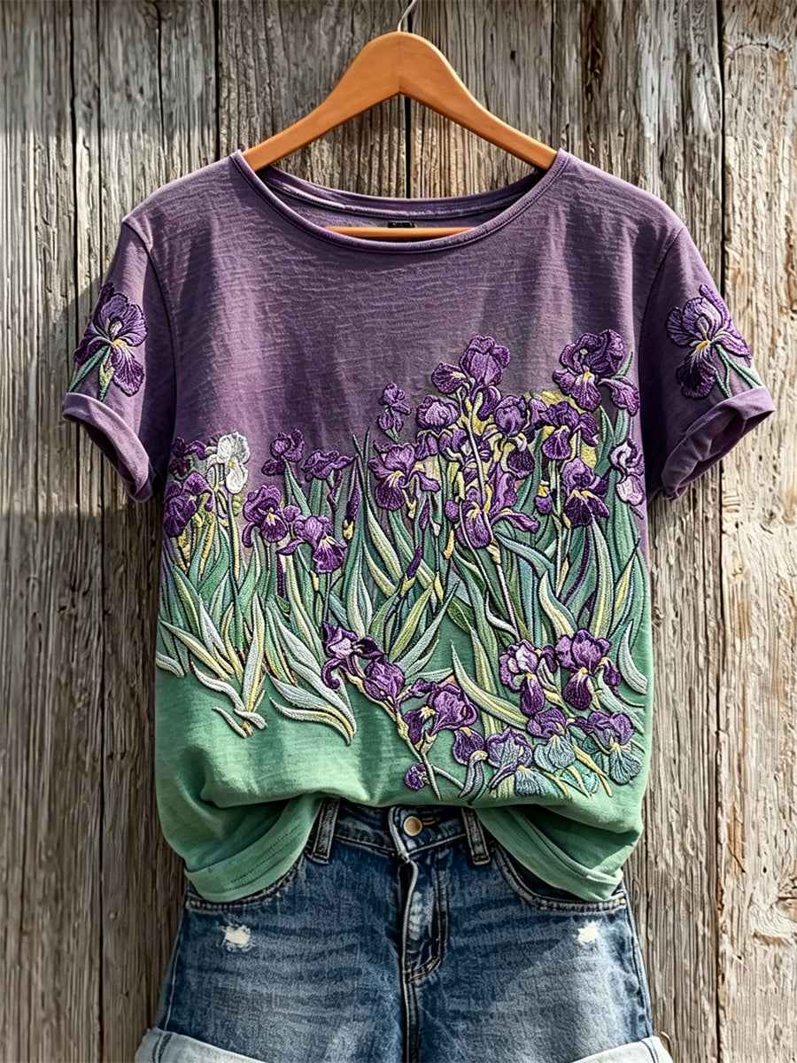 Women's Purple Irises Contrast Color Art Print short-sleeved T-shirt