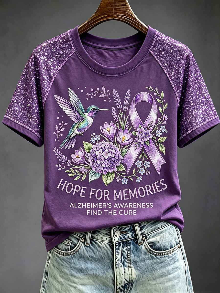 Women's Hope For Memorial Purple Ribbon Print Round Neck Short Sleeve T-shirt