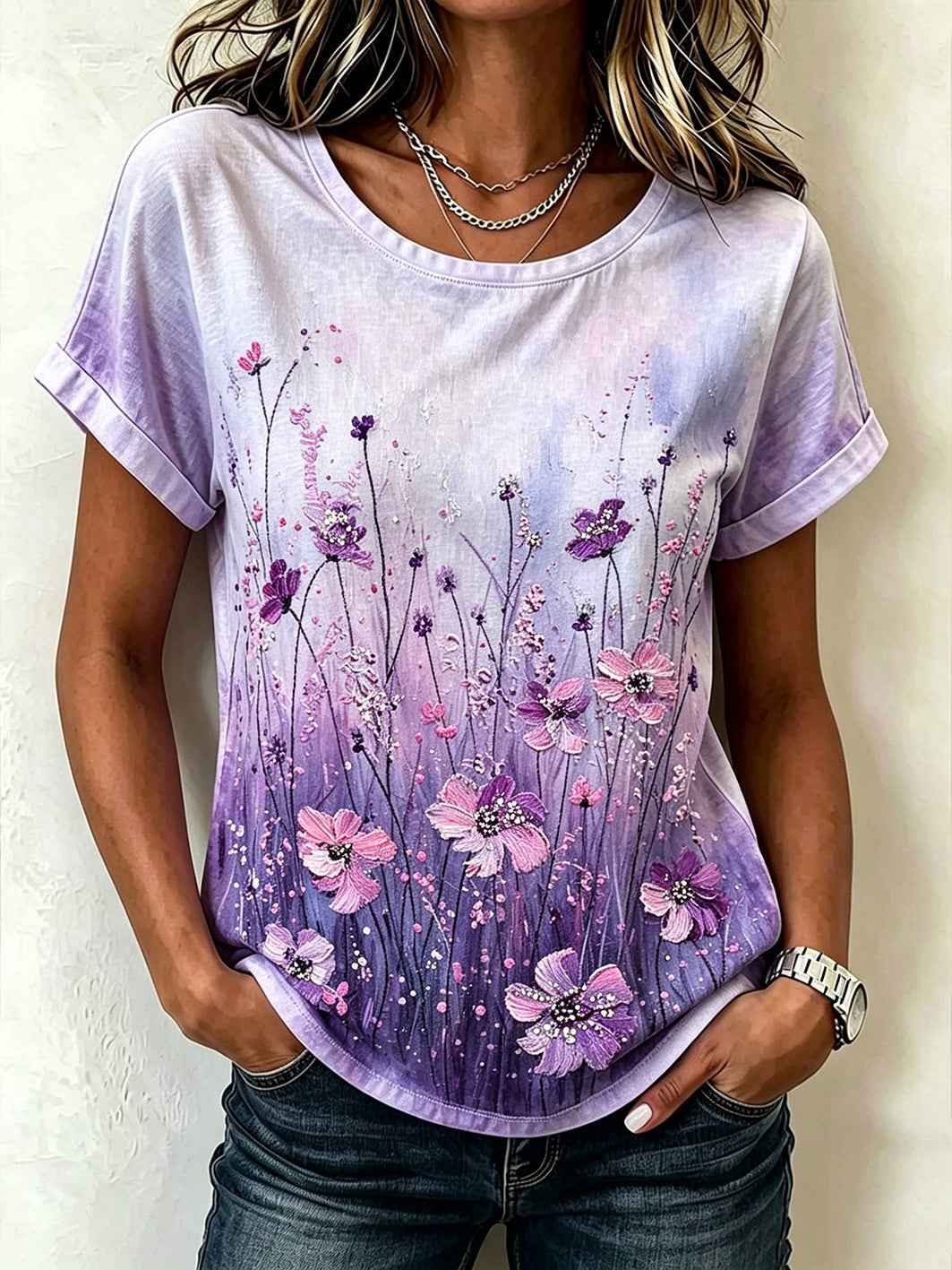 Women's purple flowers pattern printed short-sleeved T-shirt