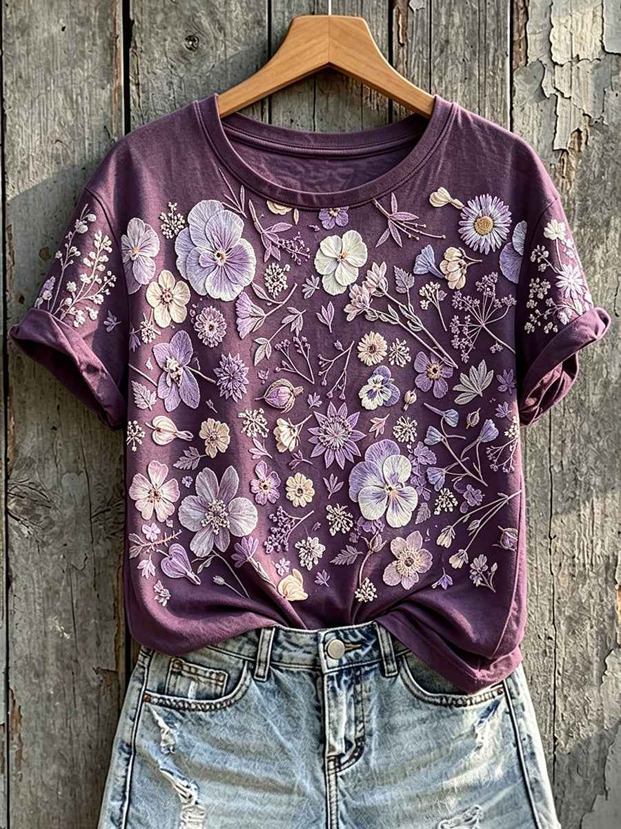 Women's Classy Purple Awareness Floral Print Short-sleeved T-shirt