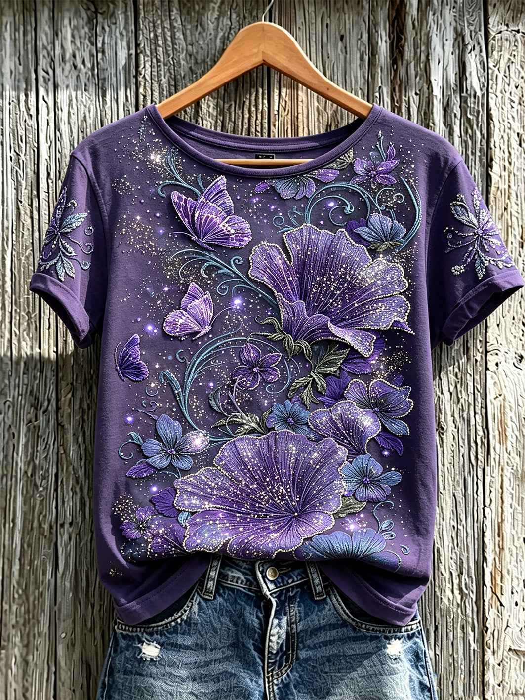 Women's purple flowers pattern printed short-sleeved T-shirt
