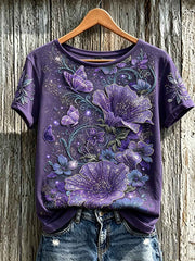 Women's purple flowers pattern printed short-sleeved T-shirt
