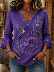 Women's Purple Floral & Hummingbird Print Alzheimer's Awareness Support Shirt