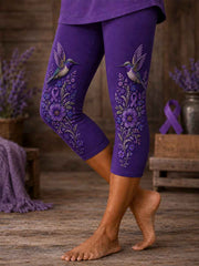 Women's Purple Floral & Hummingbird Print Alzheimer's Awareness Support Crop Leggings
