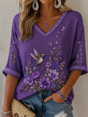 Women's Purple Floral & Hummingbird Print Alzheimer's Awareness Support Half-Sleeves V-Neck T-Shirt