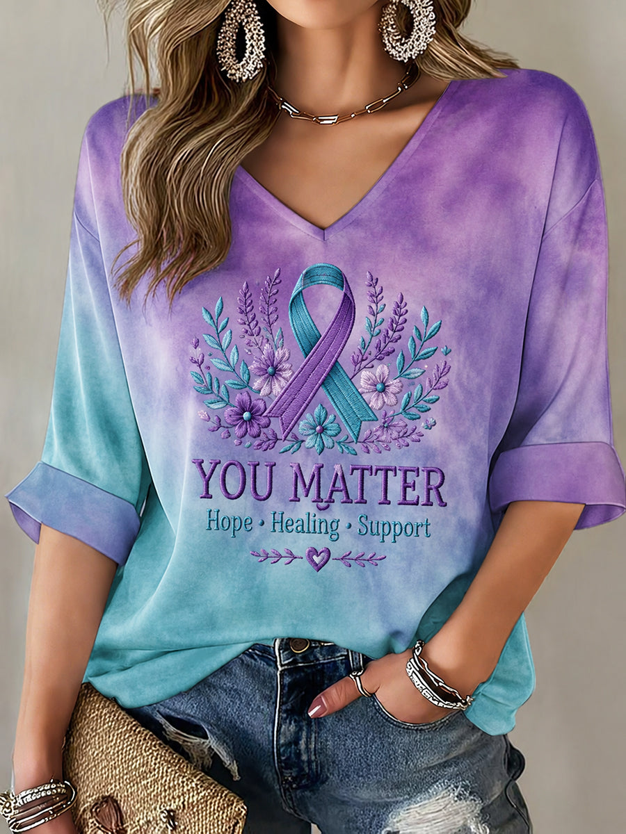 Women's Suicide Prevention Awareness Mid-length Sleeves V-Neck T-Shirt gracestitchs