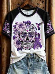 Women's Alzheimer Awareness Sugar Skull Floral Print Contrast Raglan short sleeve T-shirt