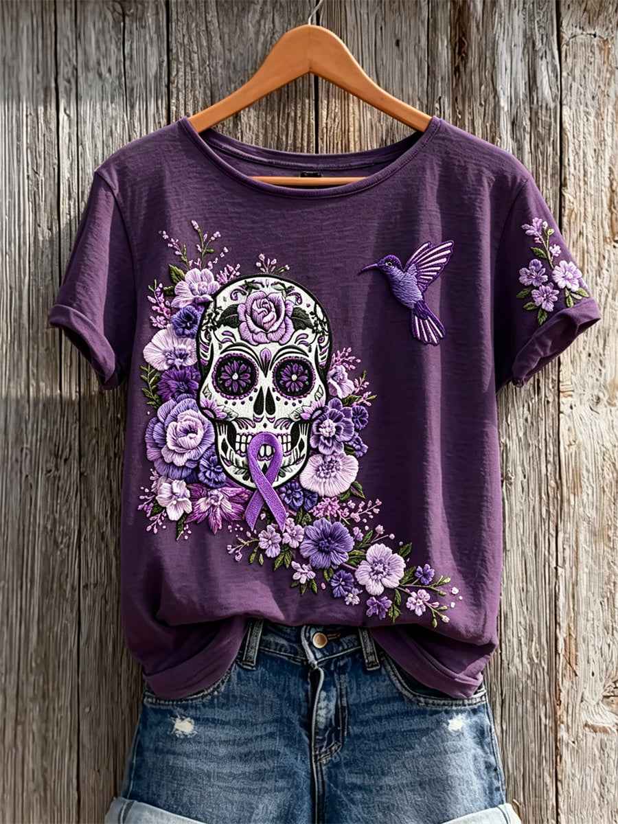 Women's Alzheimer Awareness Sugar Skull Floral Print short-sleeved T-shirt