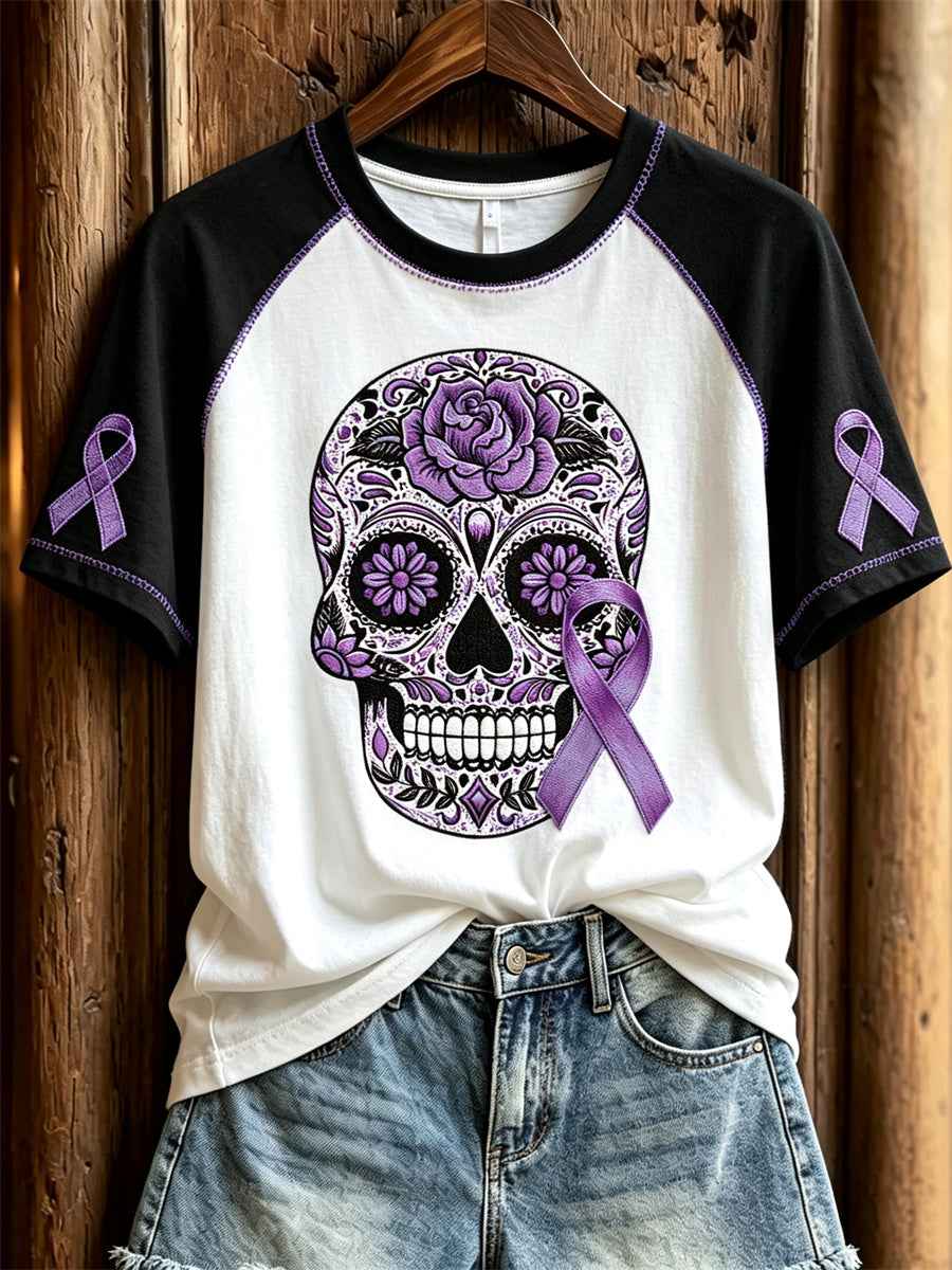 Women's Alzheimer Awareness Sugar Skull Floral Print Contrast Raglan short sleeve T-shirt