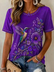 Women's Purple Floral & Hummingbird Print Alzheimer's Awareness Support Tee gracestitchs