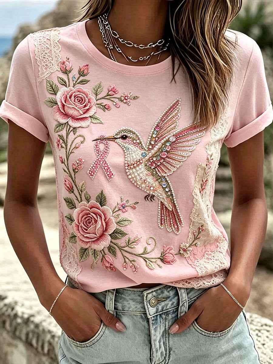 Women's Pink Floral Embroidery Art T-Shirt