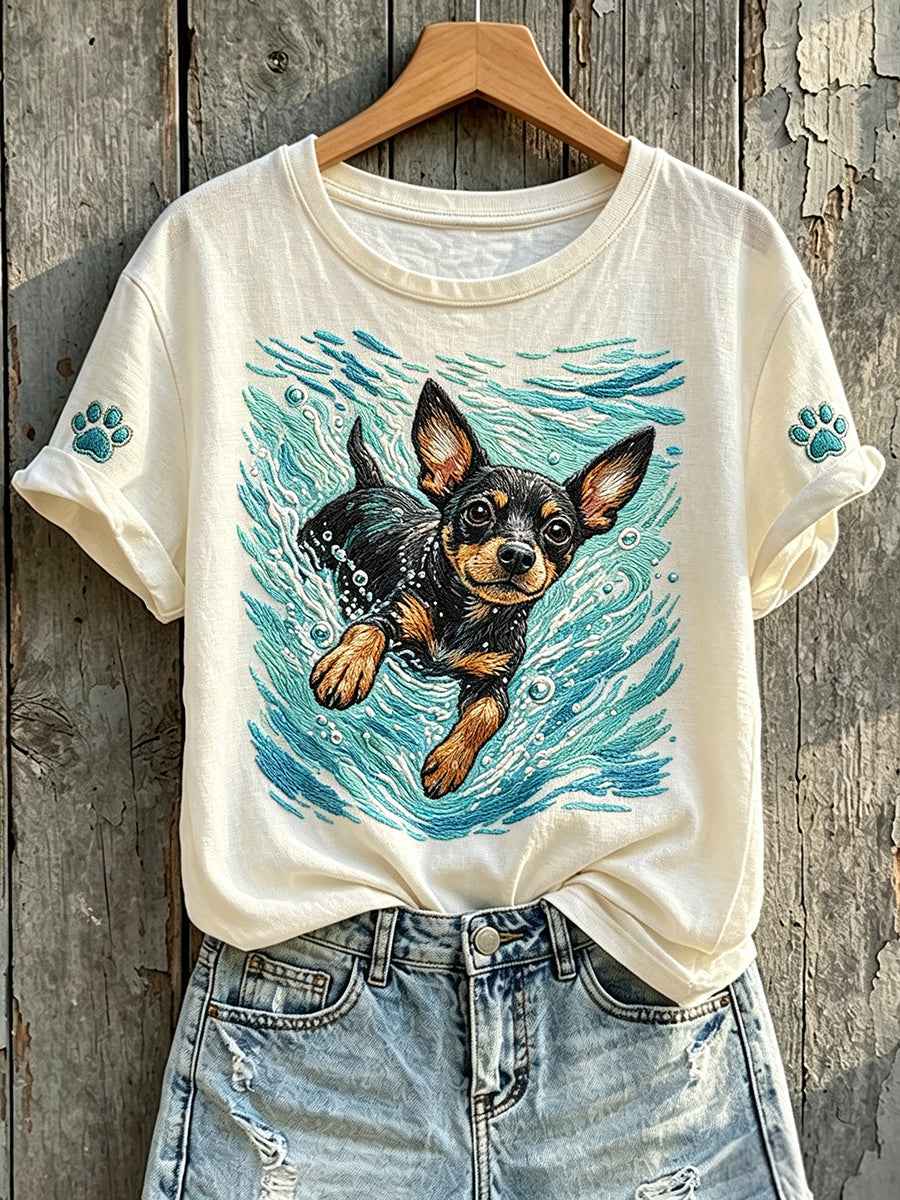 Women's Cute Swimming Chihuahua Dog Print Short-sleeved T-shirt
