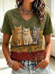 Women's Cat Printed V-neck T-shirt