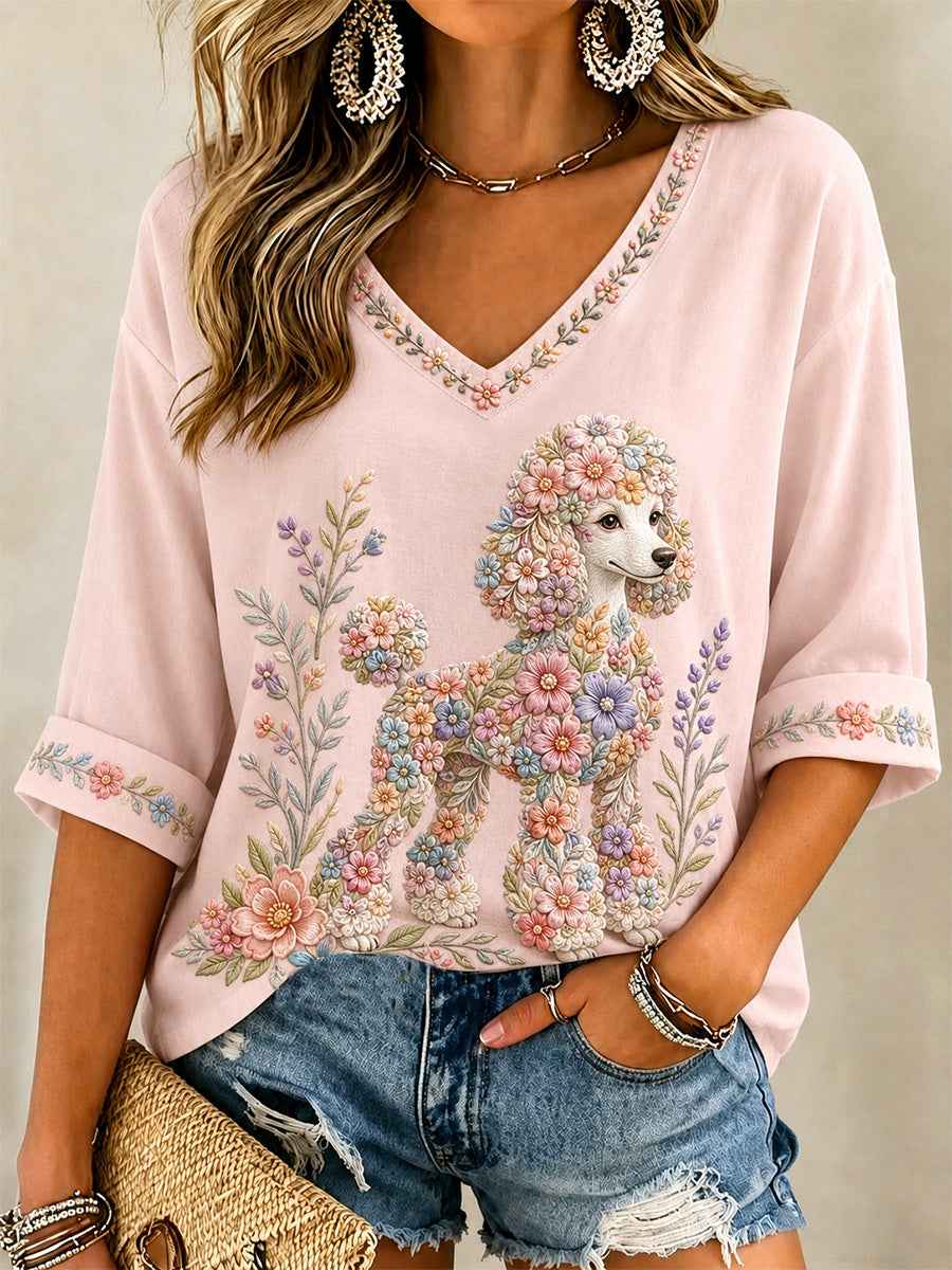 Women's Floral Dog Print Casual V-Neck Tee