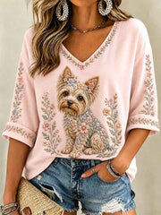 Women's Floral Dog Print Casual V-Neck Tee