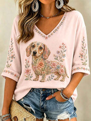 Women's Floral Dog Print Casual V-Neck Tee