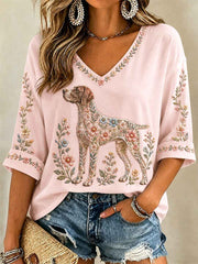 Women's Floral Dog Print Casual V-Neck Tee