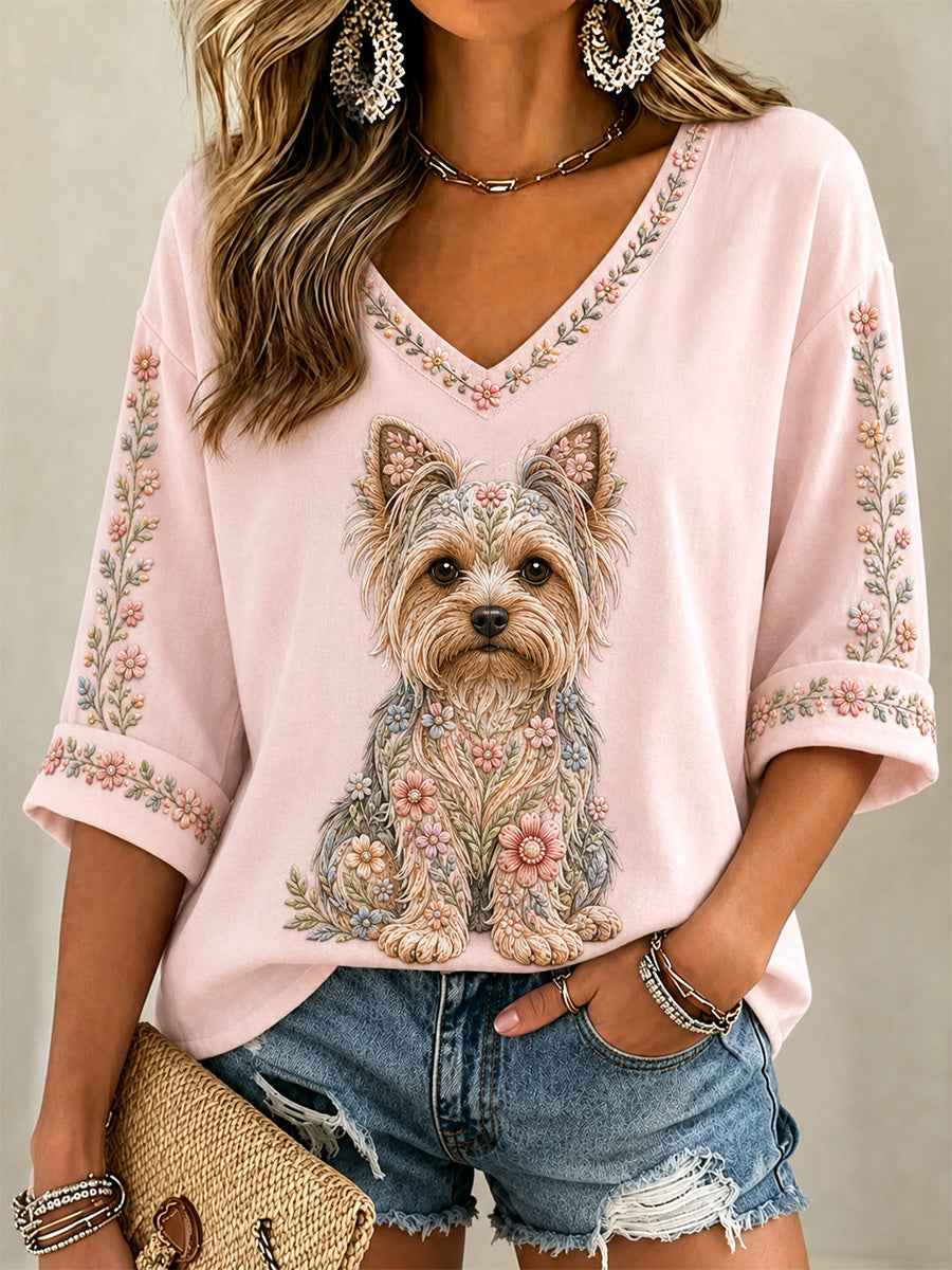 Women's Floral Dog Print Casual V-Neck Tee