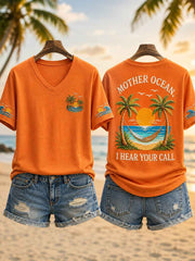 Women's Mother Ocean I Have Heard You Call Print Casual V-Neck Tee