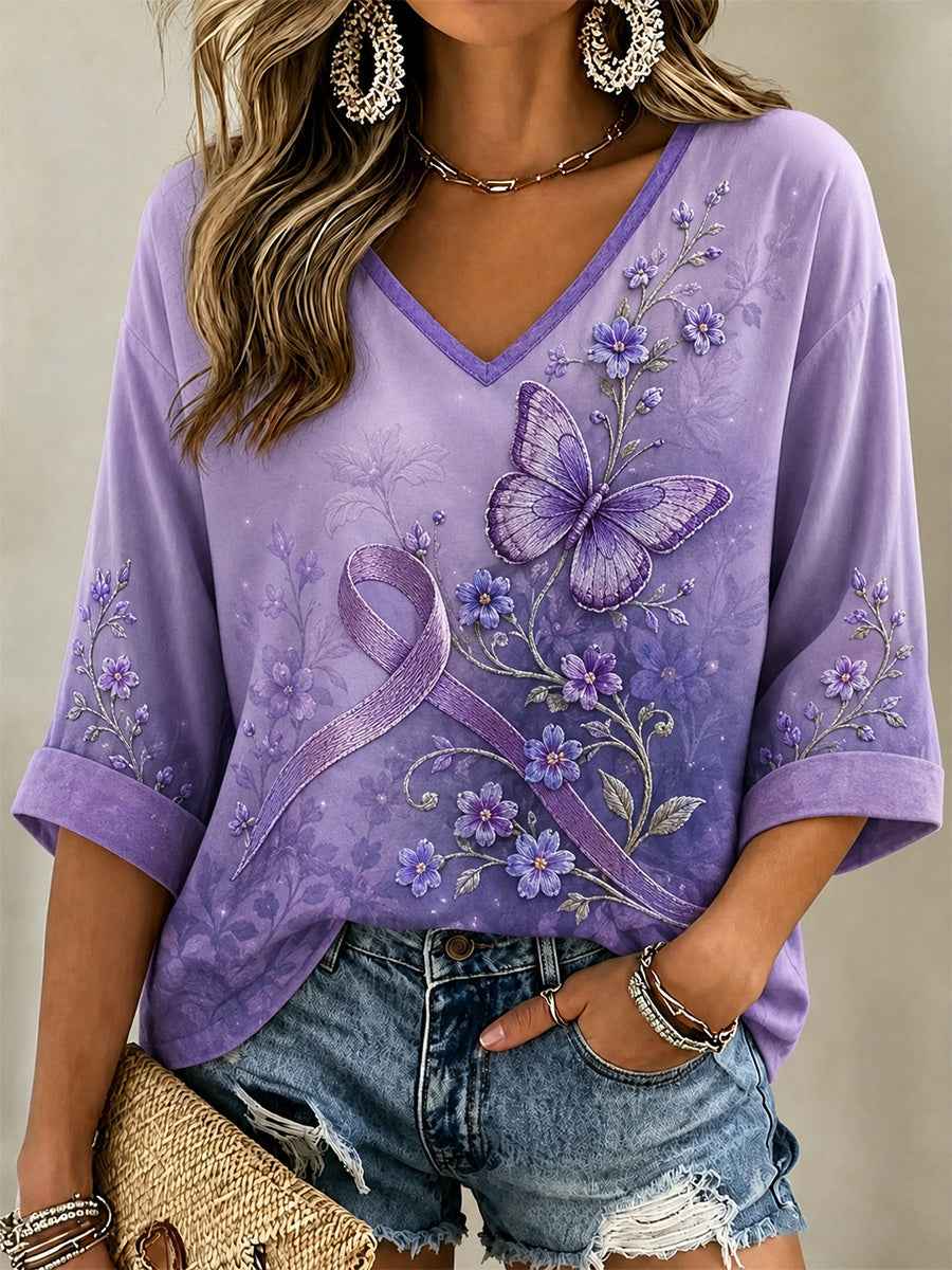Women's Purple Floral & Butterfly Print Alzheimer's Awareness Support V-Neck Tee