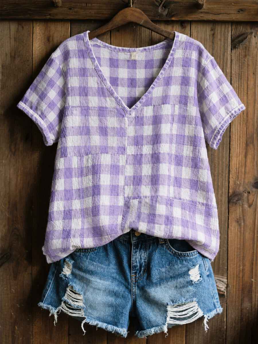 Women's Alzheimer's Awareness Support Purple Grid Pattern V-Neck Short Sleeves Shirt