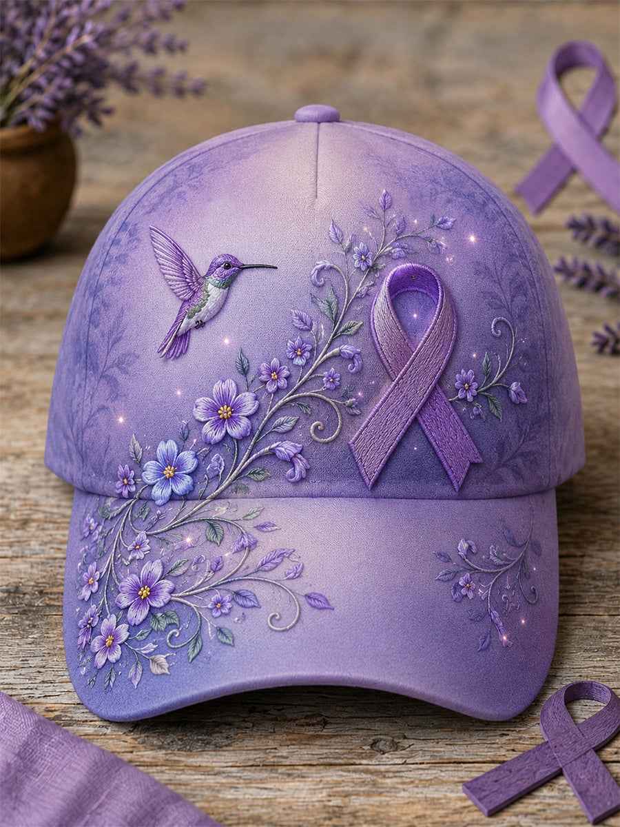Unisex Purple Floral & Hummingbird Print Alzheimer's Awareness Support Hat