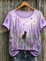 Women's Alzheimer's Awareness Support Purple Floral & Cat Print Short-sleeved T-shirt